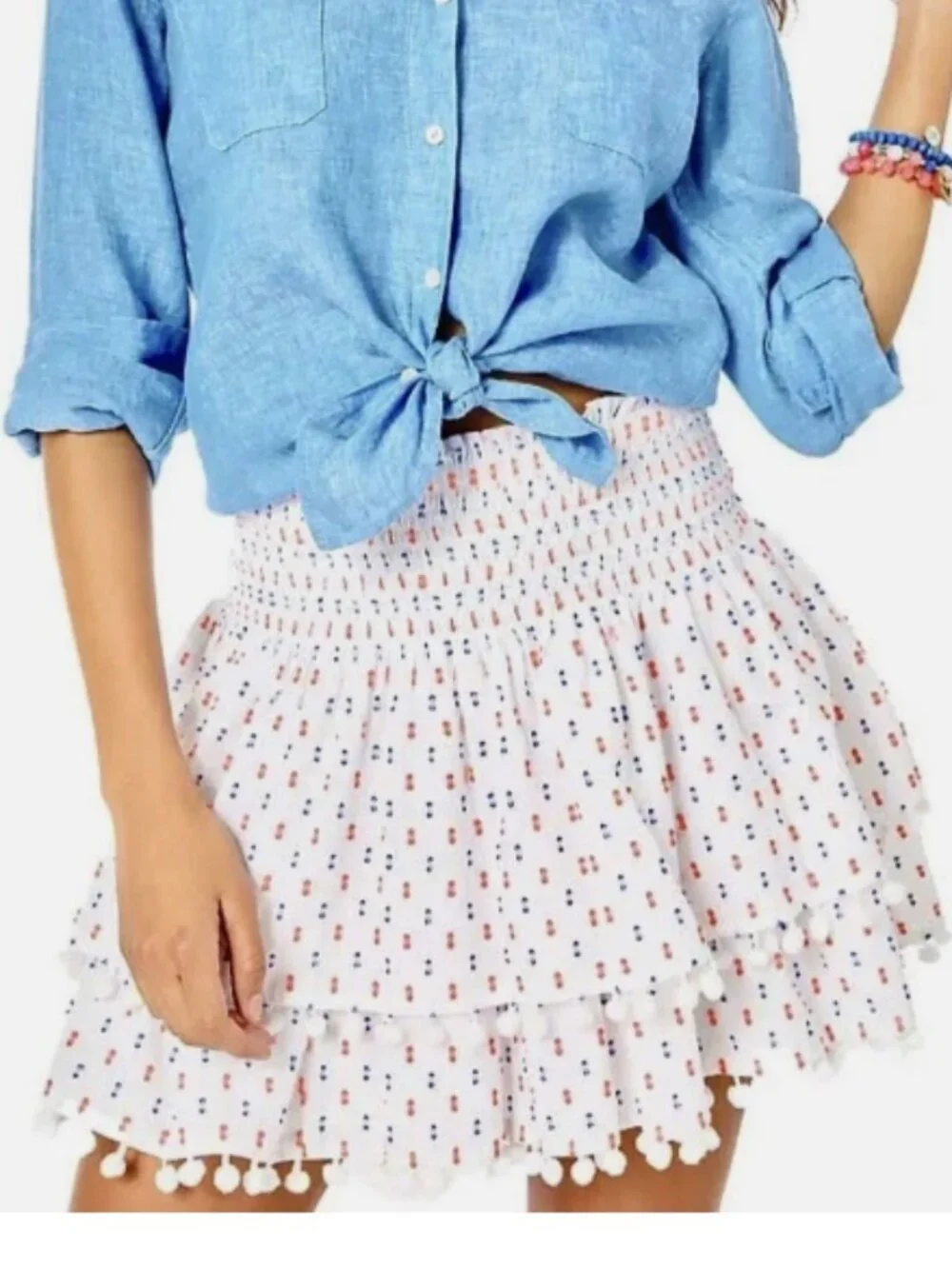 Lilly Pulitzer Ethenia Layered Pom Pom Layered Mini Skirt in Neon Clip Dot Large